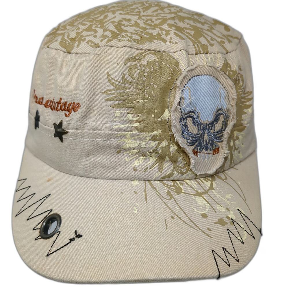 Army Cap Beige One Size Skull Patch Star Studs Grommet Hat Zig-Zag Stitch Cotton